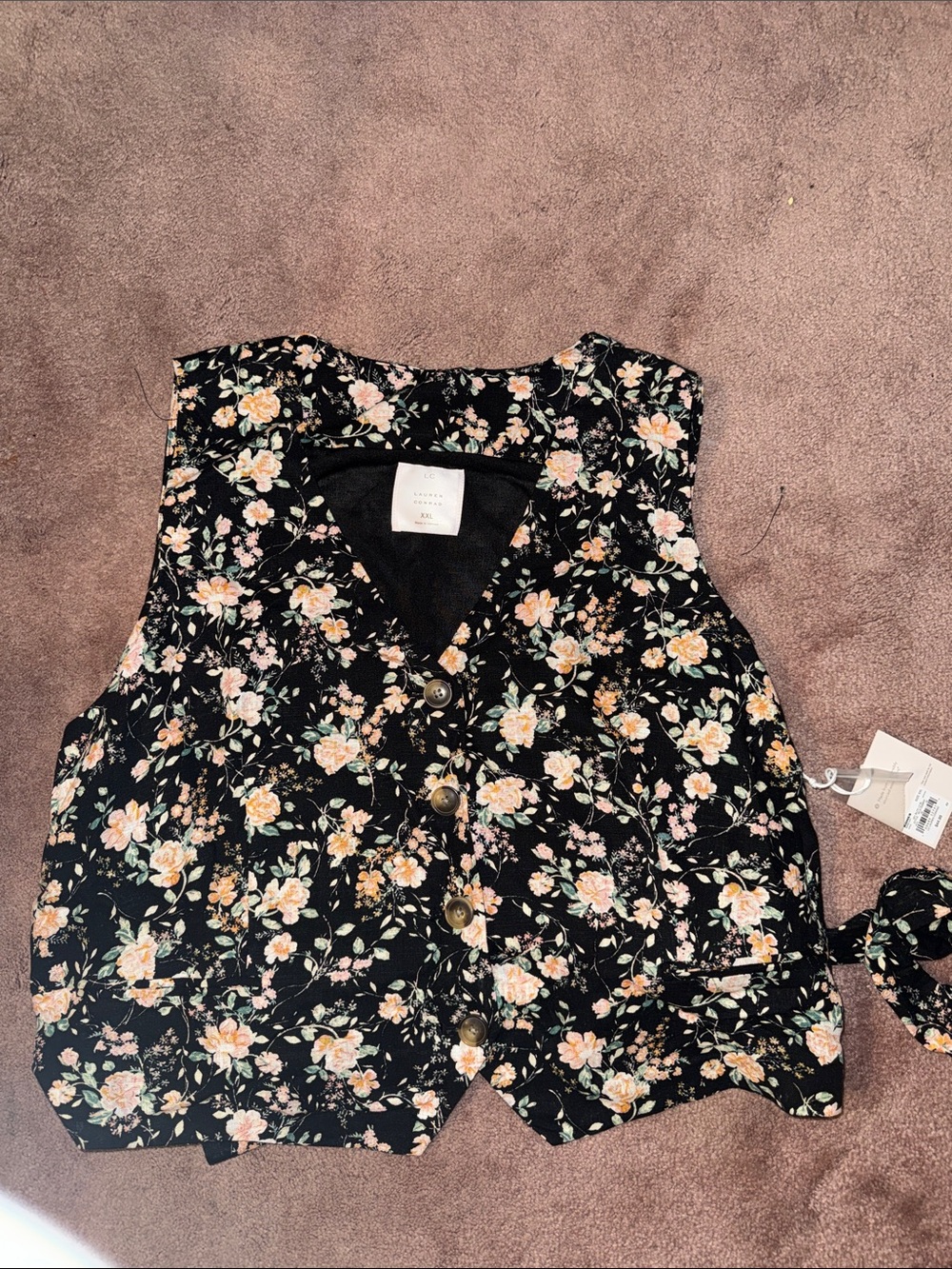 Lauren Conrad Floral V-Neck Button Front Vest - Black Flowers NEW XXL